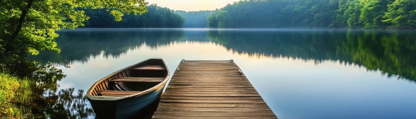 A serene lakeside view with a wooden dock and a rowboat