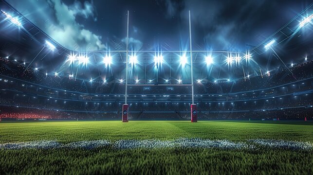 Bright Rugby Stadium Lights Illuminate Nighttime Match with Large Enthusiastic Crowd, Green Grass Field, and Rugby Goal Posts in a Photorealistic Wide-Angle View of Sports Event Atmosphere