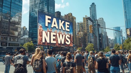 Fototapeta premium A large crowd stands in an urban environment, engaging with a prominent billboard that declares a message about fake news
