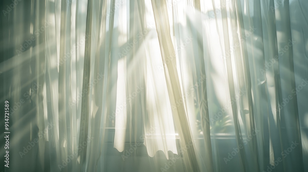 Poster sunlight streaming through white curtains indoors.