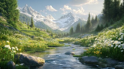 A serene mountain meadow with a clear stream and wildflowers