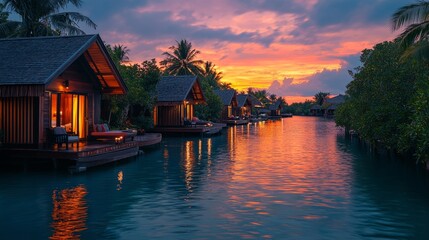 Fototapeta premium Luxury waterfront villas at sunset with tropical scenery