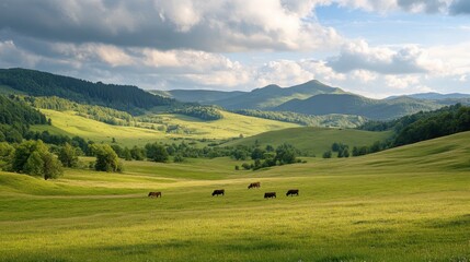 A picturesque meadow with grazing cattle and rolling hills