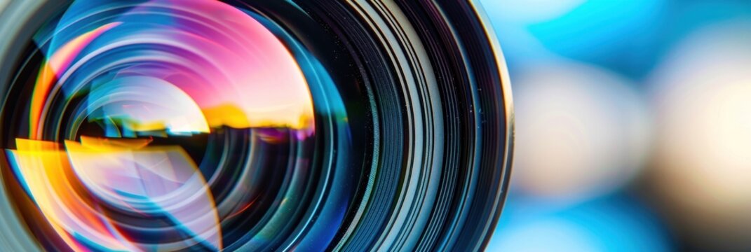 Close-up of a camera lens with bokeh background.