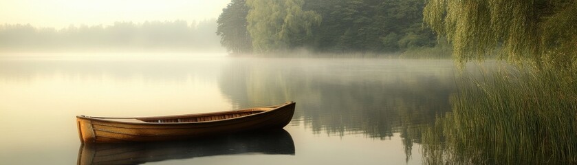 A serene lakeside scene with a rowboat and a misty morning