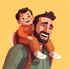 Happy Dad Carrying Son on Shoulders Smiling