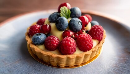 A vibrant fruit tartlet with a golden, flaky crust, filled with creamy pastry cream. Topped with juicy red currants, glossy blueberries, raspberry, mandarin slices, kiwi, and gooseberries, all coated 