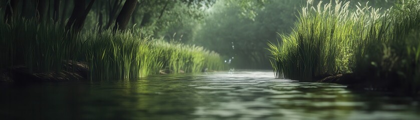 Fototapeta premium A tranquil river scene with tall grasses and a gentle current