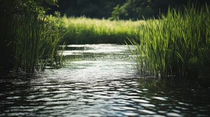 Fototapeta premium A tranquil river scene with tall grasses and a gentle current