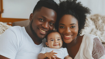 Fototapeta premium African-American couple, mother and father holding infant daughter, traditional nuclear family concept, copy space