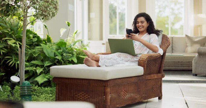 Woman, relax and hotel with laptop and phone scroll at luxury accommodation spa with tech. Smile, text and social media at a resort or lodge with happy from mobile streaming and internet search