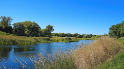 A tranquil riverbank with tall grasses and a clear blue sky