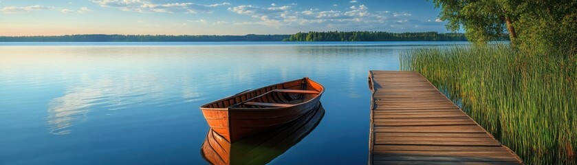 Obraz premium A serene lakeside view with a wooden dock and a rowboat