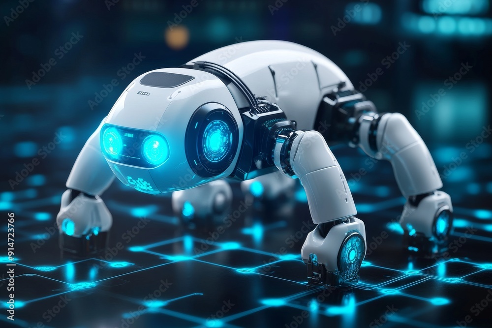 Wall mural adorable robotic pet with glowing blue eyes ideal for themes of futuristic companionship