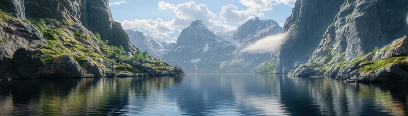 A tranquil fjord with steep, rocky cliffs and calm, reflective waters