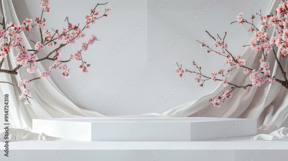 Sticker empty podium with geometric design and spring blossoms branch on white backdrop.