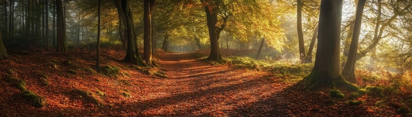 A tranquil forest path with fallen leaves and dappled sunlight