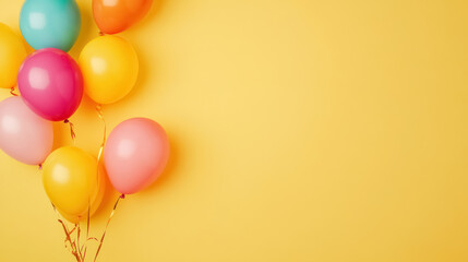 vibrant colorful balloons on a sunny yellow background, festive and joyful, with copy space for text