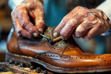 Close-up of a shoemaker's hands working on a leather shoe.