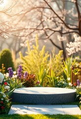 Fototapeta premium Stone Platform in a Spring Garden.
