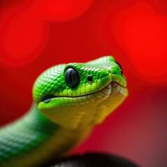 Obraz premium Green Snake Close-up on Red Background.