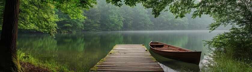 Obraz premium A serene lakeside view with a wooden dock and a rowboat