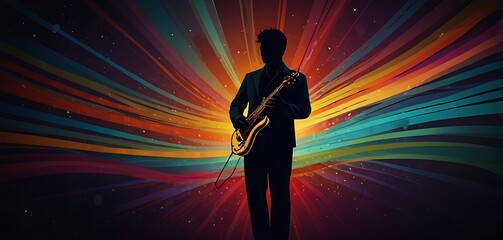 A retro silhouette guitarist with floating waves and vibrant color bursts against a dark background.