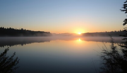 Misty Sunrise Over Lake.