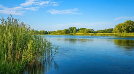 Fototapeta premium A tranquil riverbank with tall grasses and a clear blue sky