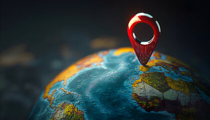 Location pin pointer on a 3D-rendered globe, symbolizing global business expansion and travel.