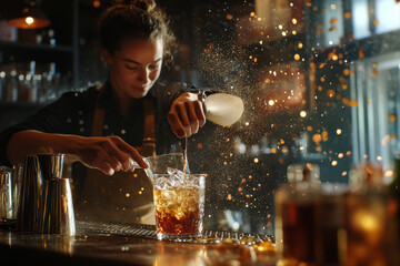 a woman pouring a drink into a glass