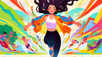 illustration of a woman exercising for good health and healthy living on a colorful abstract background