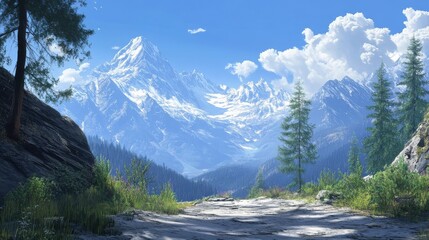 A tranquil mountain pass with towering peaks and a clear blue sky