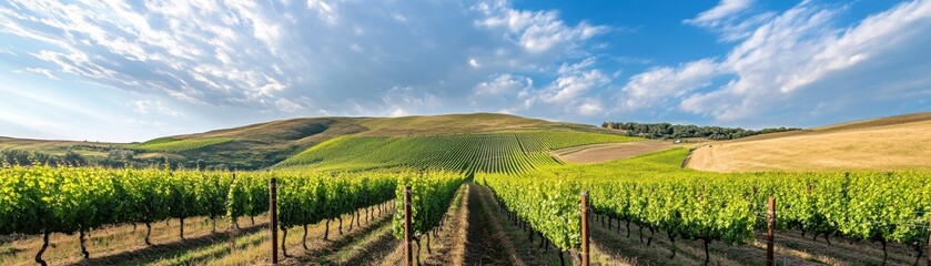 Fototapeta premium A picturesque vineyard with rolling hills and a bright blue sky