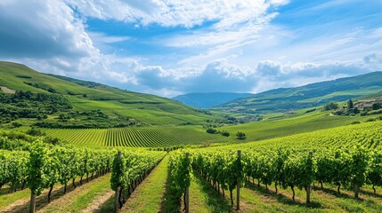 Naklejka premium A picturesque vineyard with rolling hills and a bright blue sky