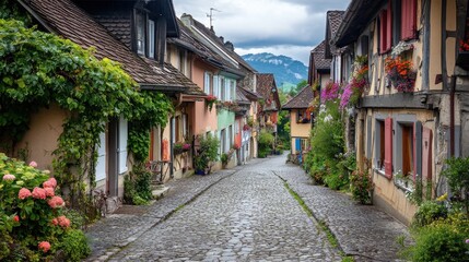 Obraz premium A picturesque village with cobblestone streets and historic architecture