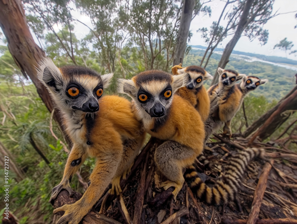 Poster A group of lemurs are standing on a tree branch. They are all looking at the camera