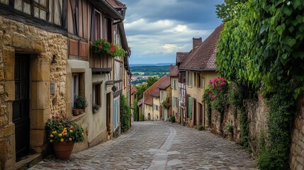 Fototapeta premium A picturesque village with cobblestone streets and historic architecture