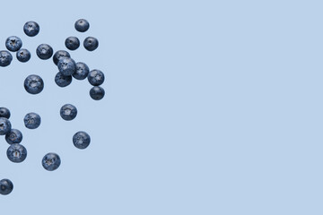 Flying fresh blueberries on blue background