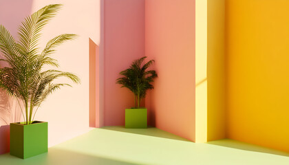 Fototapeta premium Yellow, green, and pink wall corner abstract geometric scene rendered in 3D.
