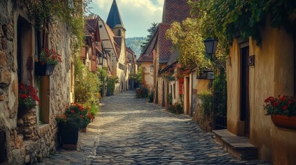 Fototapeta premium A picturesque village with cobblestone streets and historic architecture