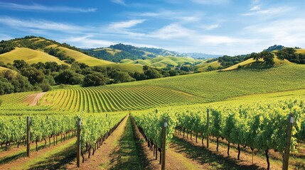 Fototapeta premium A picturesque vineyard with rolling hills and a bright blue sky