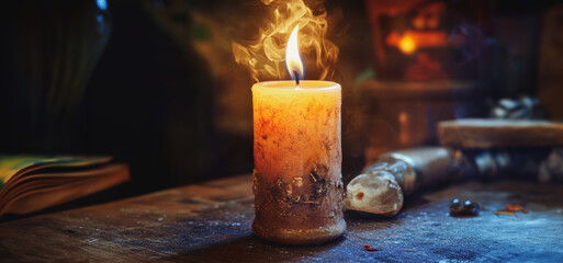 A Single Flickering Candle Illuminates a Darkened Room With Mystical Ambiance in a Cozy Setting