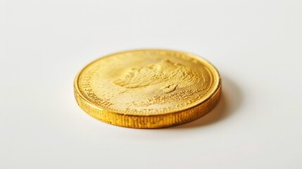 A close-up shot of a single gold coin isolated on a white background, emphasizing its intricate details and shiny surface.