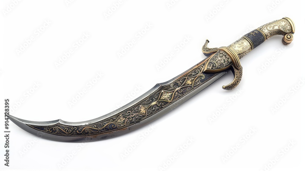 Wall mural A decorative saber with a curved blade and an intricate hilt design, set against a white background to highlight its ornate and ceremonial features.