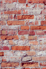 Old grungy red brick wall. Free space for an inscription. Fragment of a wall with bumps and peeling paint.