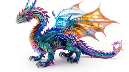 A fantasy dragon with vibrant, iridescent scales and elegant horns, positioned in a dramatic stance on a pure white background to highlight its mythical beauty.
