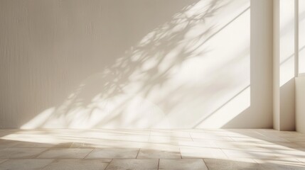 Geometric sunlight shadows on white wall and beige floor, blank template for product display, branding showcase background