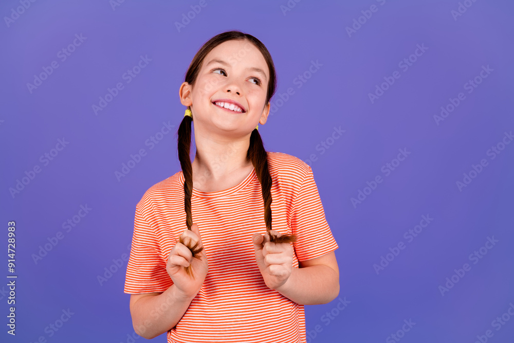 Poster photo portrait of pretty little girl pull hair tails look empty space wear trendy red outfit isolate