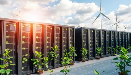 Sustainable Data Center with Wind Turbines and Green Plants.